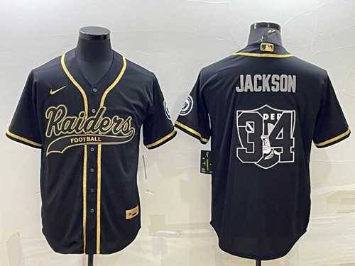 Mens Las Vegas Raiders #34 Bo Jackson Black Gold Team Big Logo With Patch Cool Base Stitched Baseball Jersey